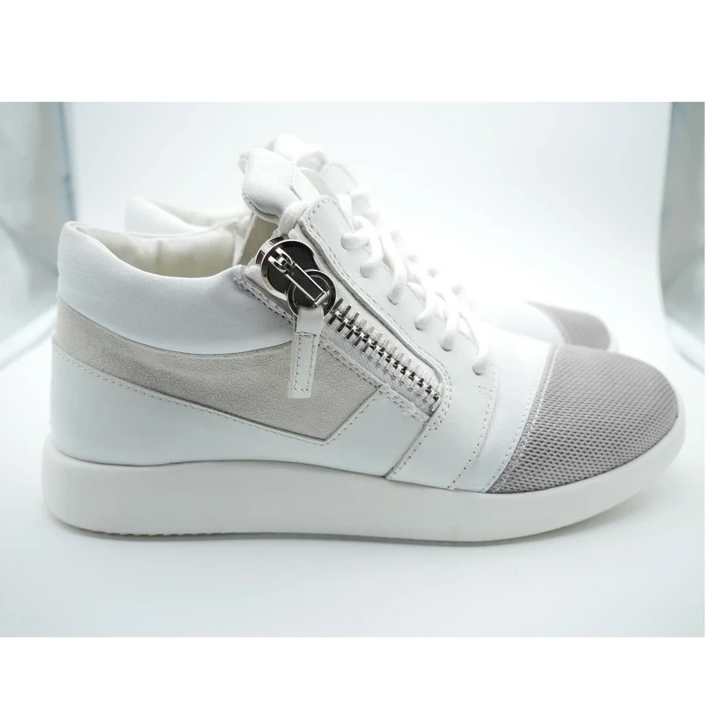 Giuseppe Zanotti Women White Leather Mid Top Dual Zip Sneakers 37.5 Mesh Grey
